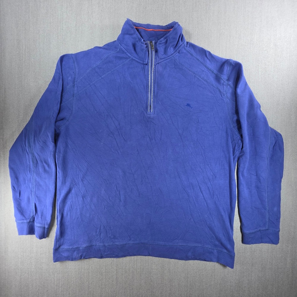 Tommy Bahama Pullover Men XL Blue‎ Cotton Quarter Zip Marlin Logo Long Sleeve